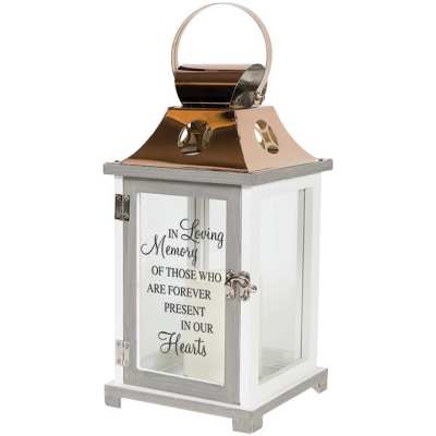 White memorial lantern with glass sides and scripted In Loving Memory text on the front panel