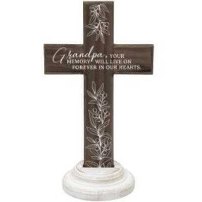 Wooden memorial cross on a white base engraved with floral line art and a message for grandpa.