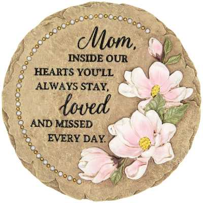 Round memorial stone plaque for Mom with pink flowers and engraved text