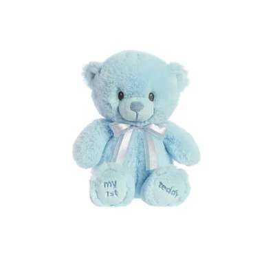 Light blue plush teddy bear with white satin ribbon and embroidered 'my 1st teddy' paws