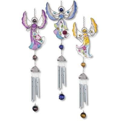 Set of three colorful metal angel wind chimes with silver tubes and hanging beads.