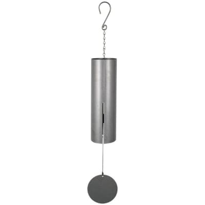 Tall silver metal wind chime tube with hanging disc and hook
