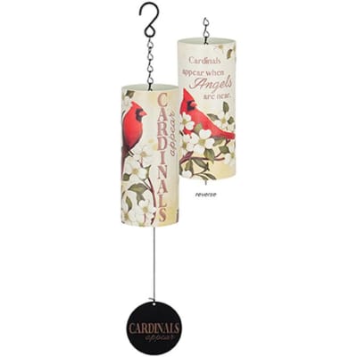 Hanging cylindrical wind chime with red cardinals and ‘Cardinals appear when angels are near’ text