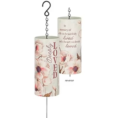Hanging memorial wind chime with two floral cylinders and 'Deeply Loved' text