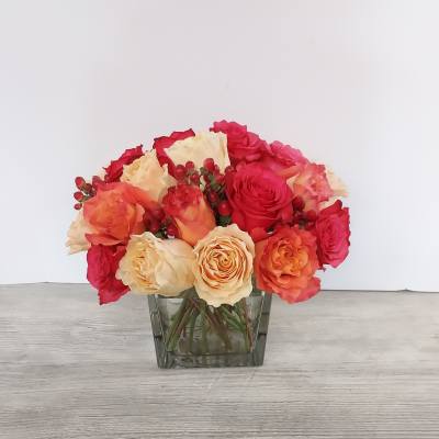 Low arrangement of red and peach roses with red berries in a clear glass cube vase