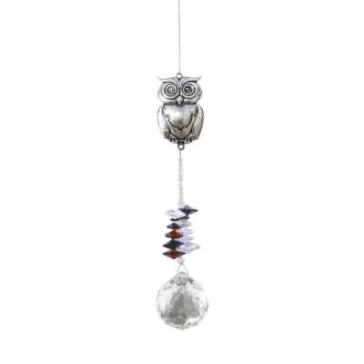 Hanging owl suncatcher with silver owl, colored beads, and clear crystal ball.