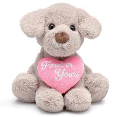 Tan plush puppy holding a pink heart pillow that says Forever Yours.