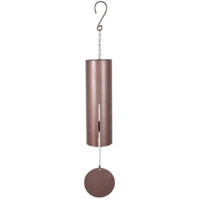 Metal tubular wind chime with round sail hanging from a hook and chain