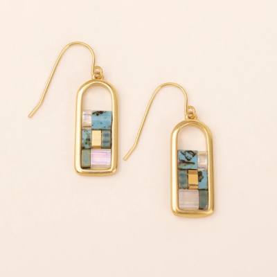 Pair of gold-tone dangle earrings with rectangular frames and turquoise and iridescent stone inlay