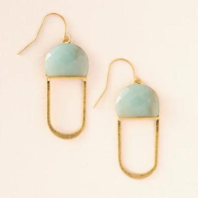Pair of gold-tone dangle earrings with pale blue semicircle stones and U-shaped frames