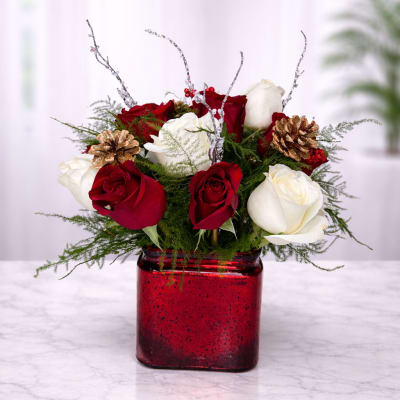 Red and white roses arranged in a red glass vase with pinecones