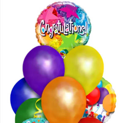 Cluster of colorful congratulations balloons with curling ribbons