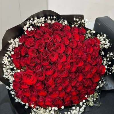 Large bouquet of red roses with white baby's breath in black wrap