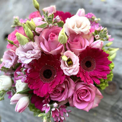Pink bouquet with roses and gerbera daisies