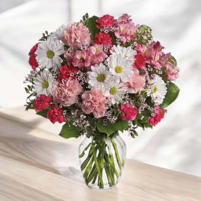 Pink and white mixed bouquet in a clear glass vase