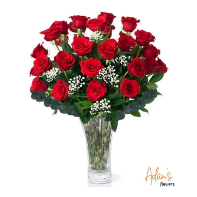 Red roses arranged in a clear glass vase with white filler flowers