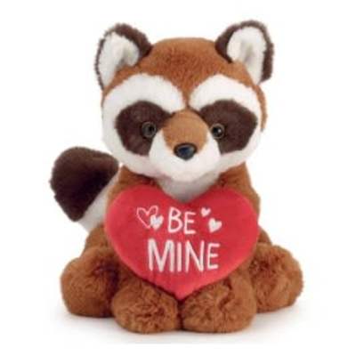 Brown raccoon plush holding a red heart that says Be Mine