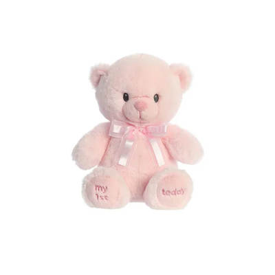 Soft pink teddy bear plush with a satin ribbon bow and embroidered paws