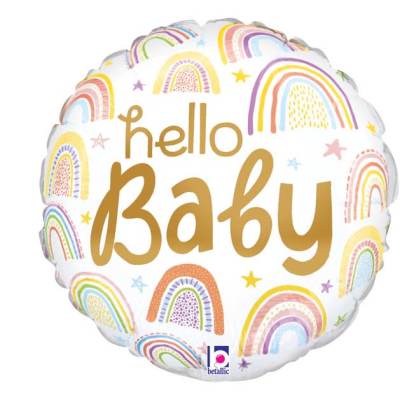 Round white balloon with gold 'hello Baby' text and colorful rainbows and stars