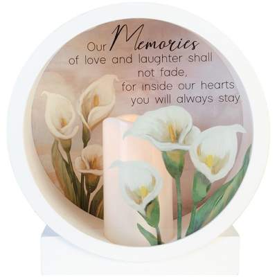 Round memorial candle with painted white calla lilies and remembrance quote
