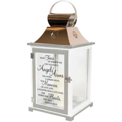 White memorial lantern with metallic top and glass door printed with a sentimental remembrance verse
