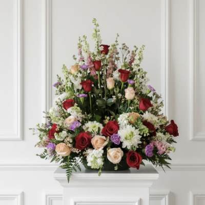 Large arrangement of red, blush, and white roses with mixed filler flowers