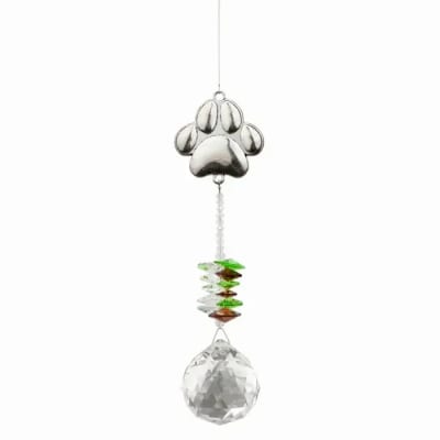 Hanging crystal suncatcher with silver paw print charm and green and amber accent beads