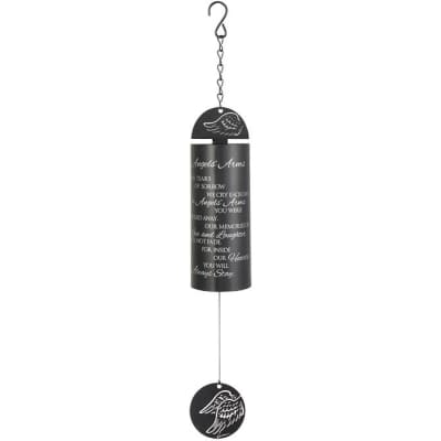 Black memorial wind chime with white script text and angel wing accents on a hanging chain and disc.