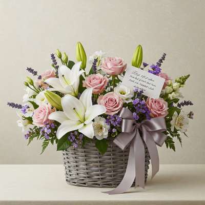 Basket arrangement of pink roses, white lilies, and purple flowers with a ribbon