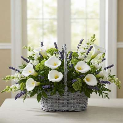 Basket arrangement of white calla lilies and purple flowers