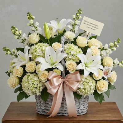 White lilies and cream roses arranged in a wicker basket with a ribbon bow