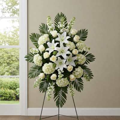 Standing white floral spray with lilies and roses on a black easel