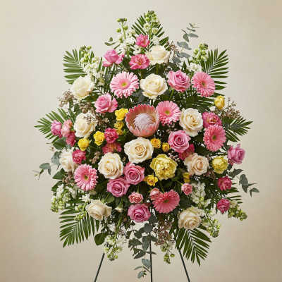 Large standing floral spray with pink and white roses and gerbera daisies