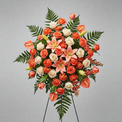 Round floral spray with orange roses, lilies, and cream roses on a stand