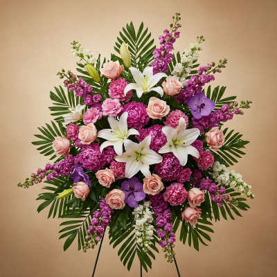 Standing spray of pink and white flowers with lilies and roses