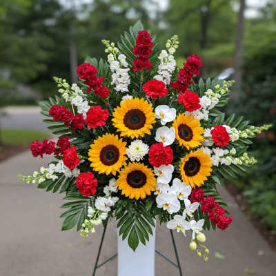 Standing floral spray with sunflowers, red carnations, and white orchids
