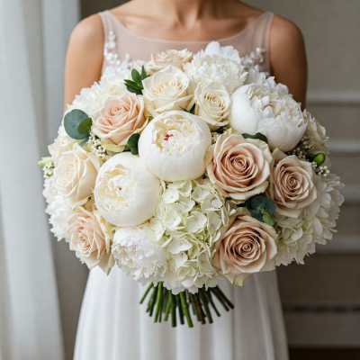 Bride holding a bouquet of white and blush roses and peonies