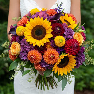 Colorful bouquet with sunflowers, dahlias, roses, and purple blooms