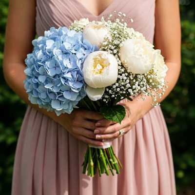 Bridal bouquet of blue hydrangeas and white peonies with baby's breath