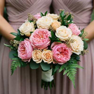 Bouquet of pink and cream roses with greenery