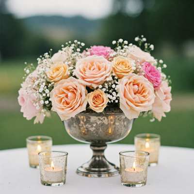 Peach and pink rose arrangement in a silver pedestal bowl with candles