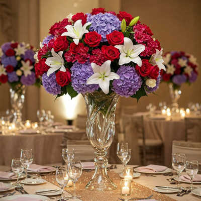 Tall centerpiece of red roses, purple hydrangeas, and white lilies in a glass vase
