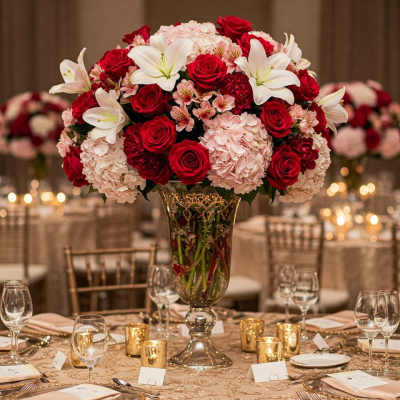 Red roses and white lilies in a tall glass vase on a decorated table