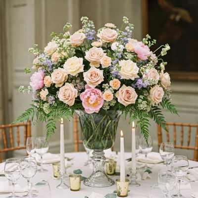 Pastel rose centerpiece in a glass vase on a candlelit table