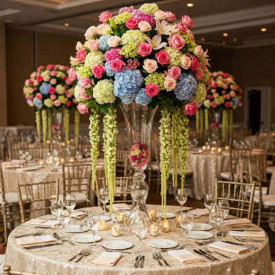 Tall floral centerpiece with pink roses and blue hydrangeas in a clear vase