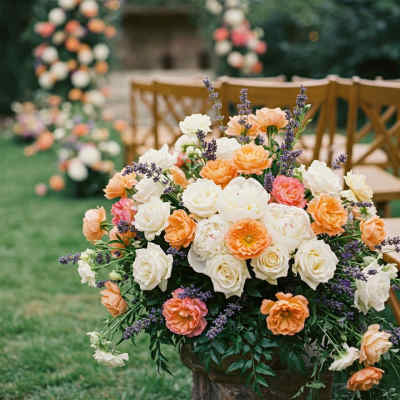 Large floral arrangement with white, peach, and pink roses in a vase