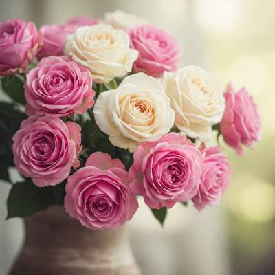 Bouquet of pink and cream roses in a vase