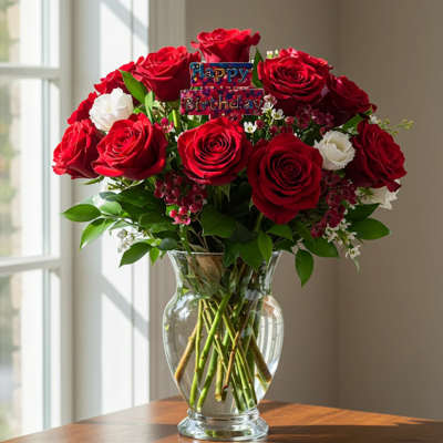 Red and white roses in a clear glass vase with a Happy Birthday sign