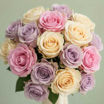 Bouquet of pastel roses in pink, lavender, and cream