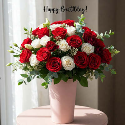 Red and white rose arrangement in a pink vase with a Happy Birthday sign